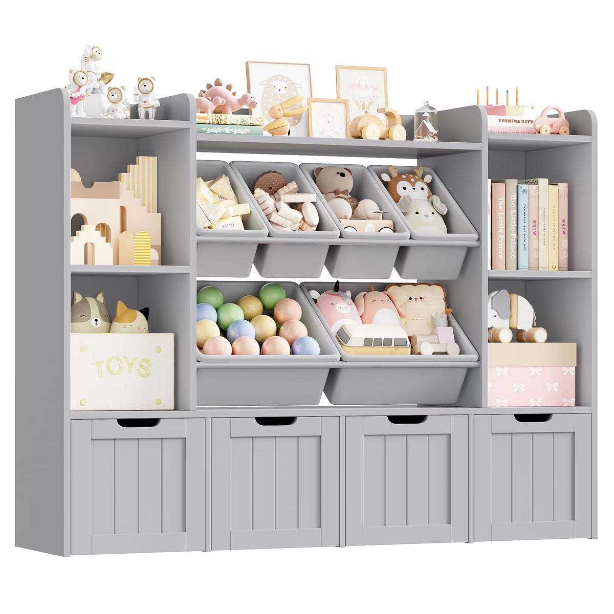 2026 NewHiphuta 3 Tier Kids Bookcase with Toy Storage Organizer, Wood Toy Organizer of 6 Boxes & 4 Removable Drawers, White