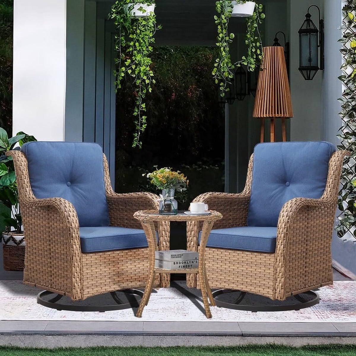 2026 NewPOCASSY 3 Piece Patio Set Outdoor Wicker Glider Rocking and Swivel Chairs with Cushions