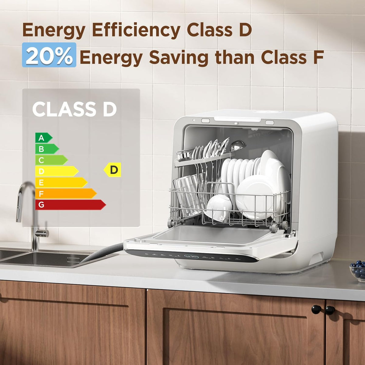 2026 Lavavajillas de sobremesa COMFEE' 7, depósito integrado de 6 L, 3 programas, lavado higiénico, secado con apertura automática, clase energética D, blanco