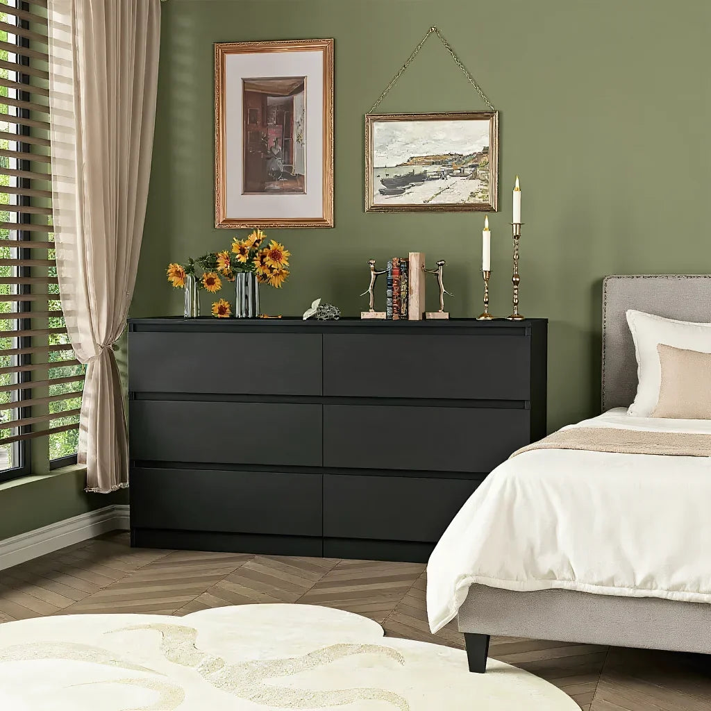 2026 NewKadyn Modern 6 Drawer Dresser Wood Cabinet,Dresser for Bedroom, Kitchen Storage Cabinet with Drawers, Chest of Drawers(Black)