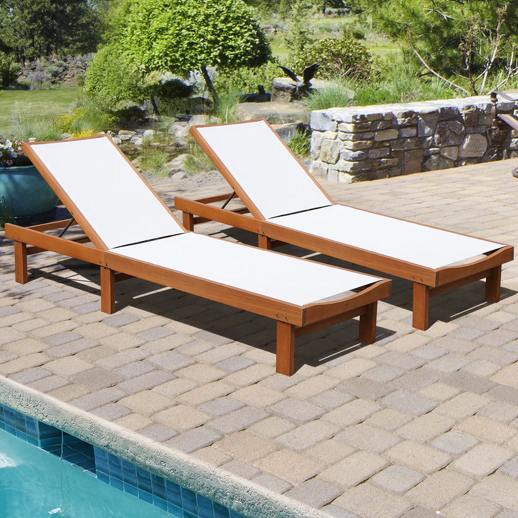 2026 NewGymax 2PCS Patio Wooden Chaise Lounge Chair Recliner w/ Adjustable Backrest