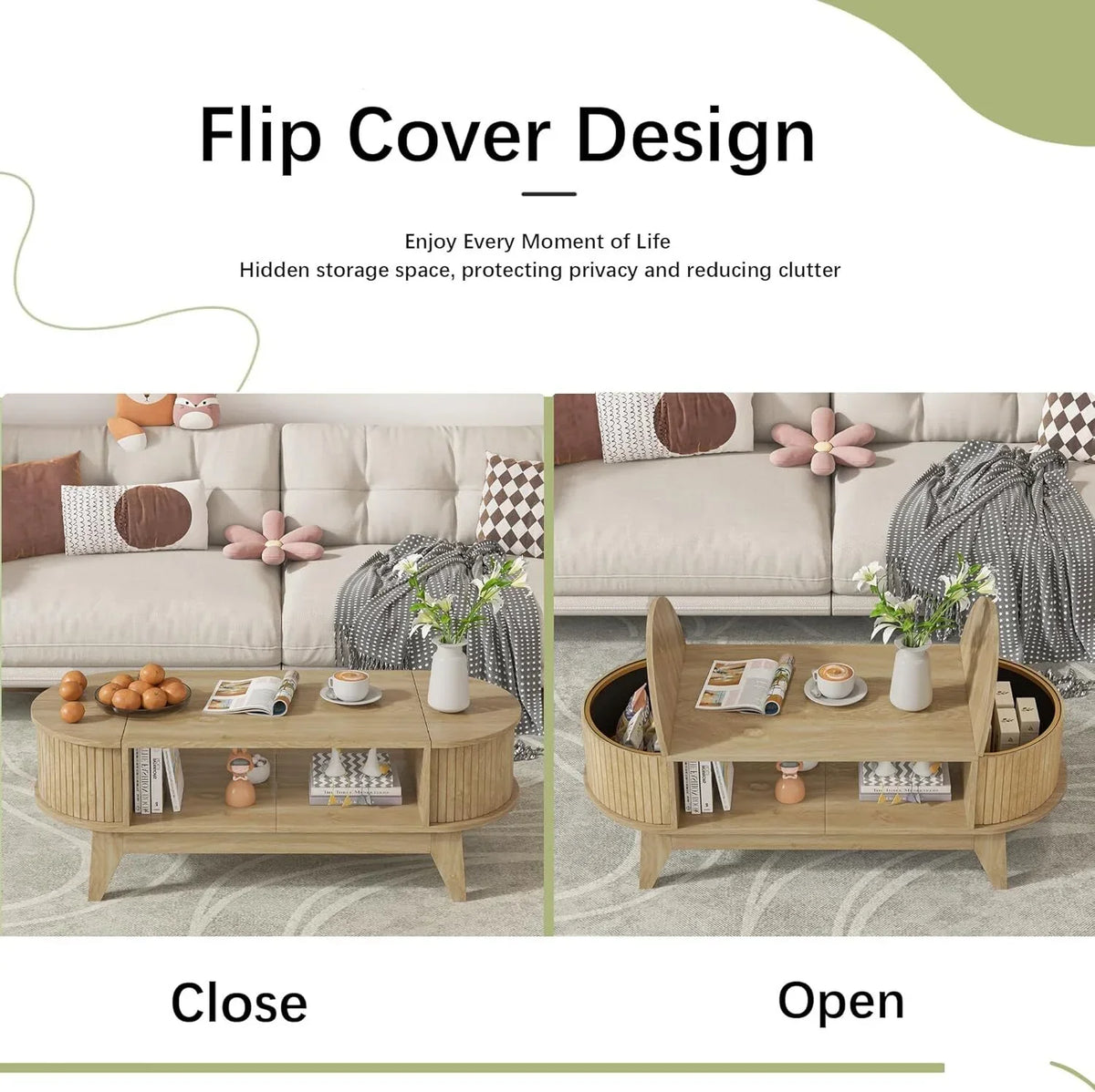 2026 NewFluted Coffee Table with Storage, Modern Coffee Tables, Wood Accent Center Table