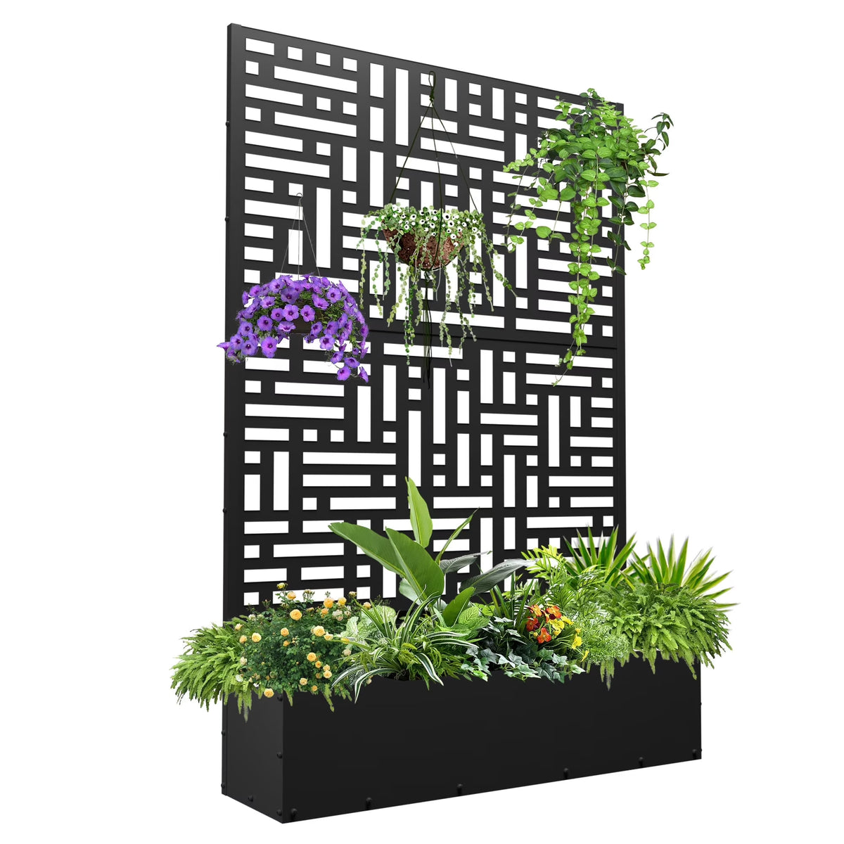2026 Macetero metálico FOOWIN de 180 cm de alto con enrejado, jardinera elevada para exteriores para plantas trepadoras, jardinera con enrejado y orificio de drenaje, color negro.