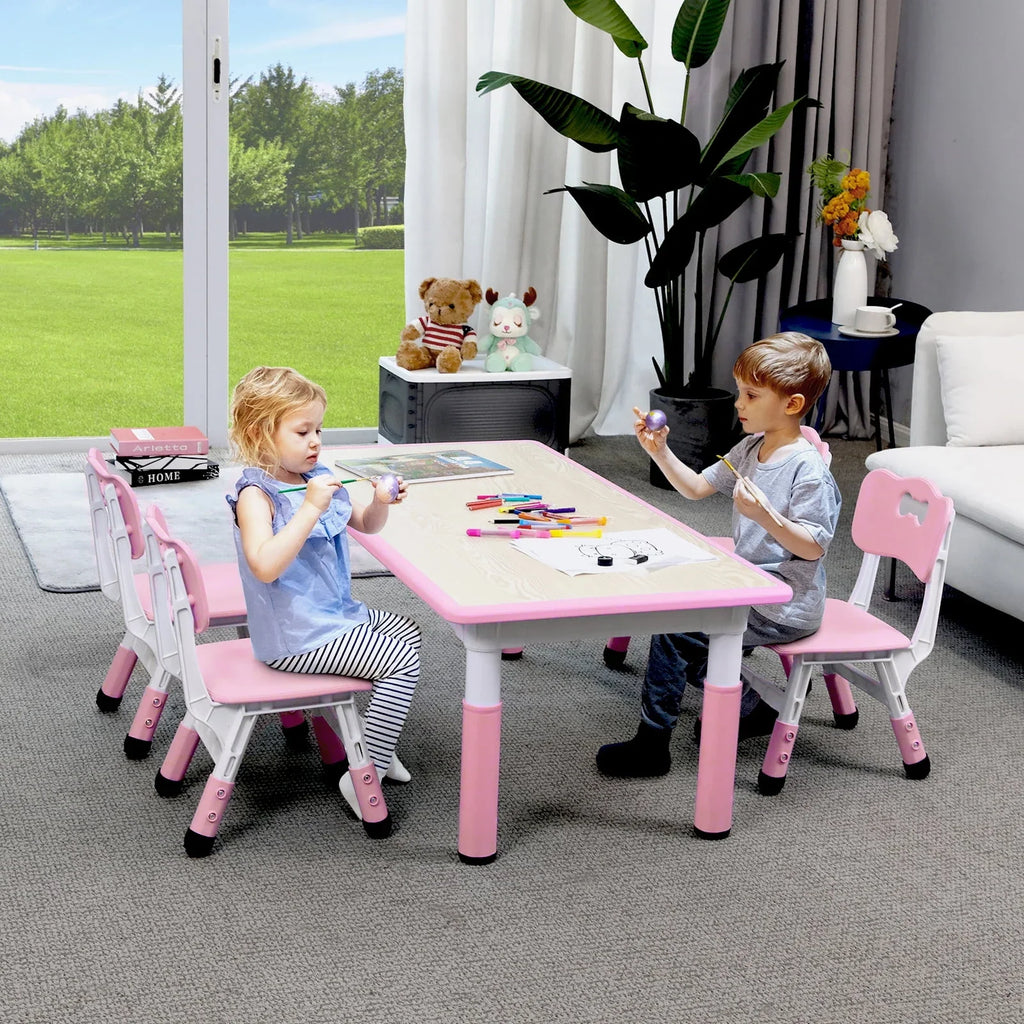 2026 NewLAZY BUDDY Kids Table and 4 Chairs Set, Height Adjustable Toddler Desk with Graffiti Desktop, Kids Activity Table Set for Daycare, Home