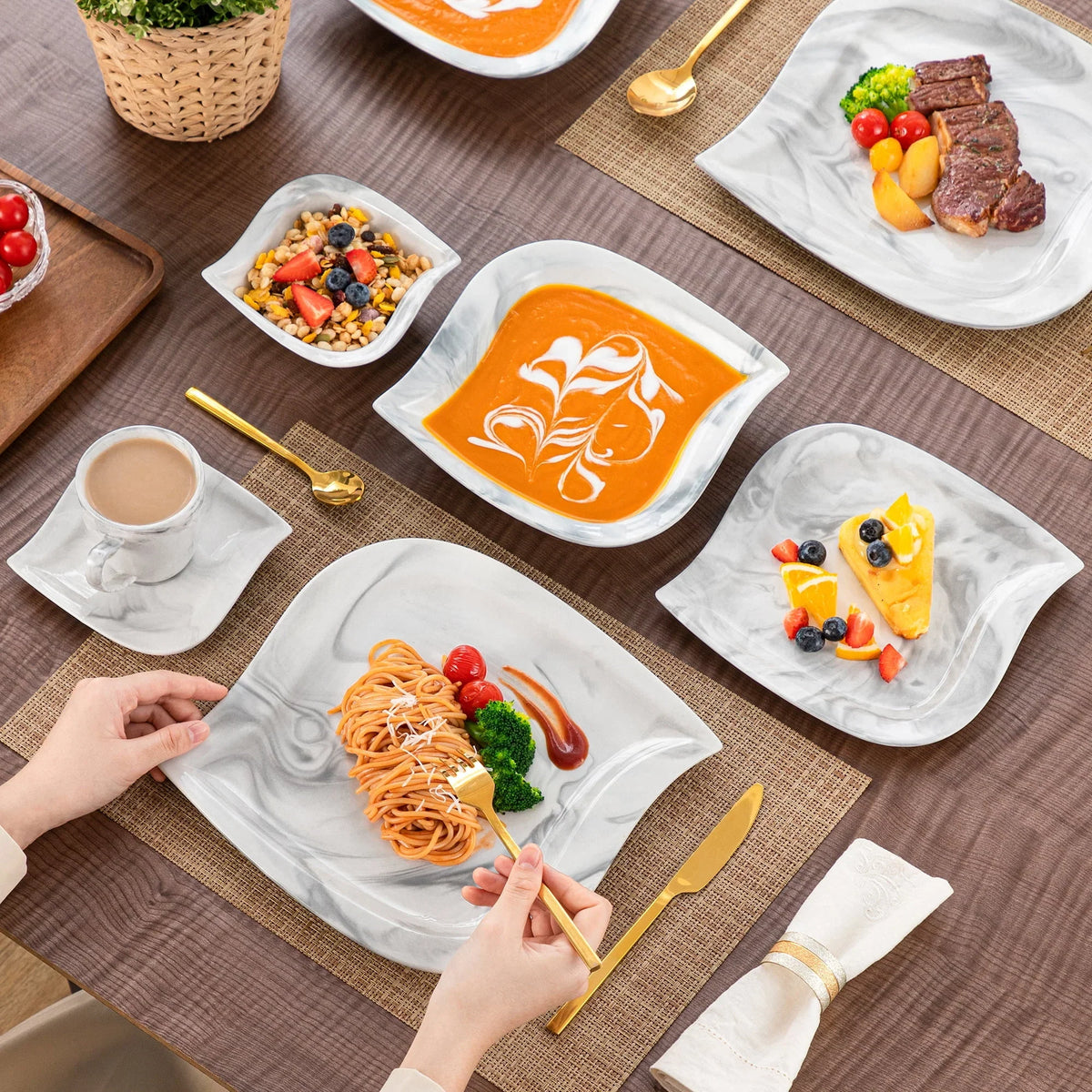 2026 Newvancasso 36 pcs Dinnerware Sets, Plates and Bowls Set for 6, Porcelain Dinner Set, Marble Gray
