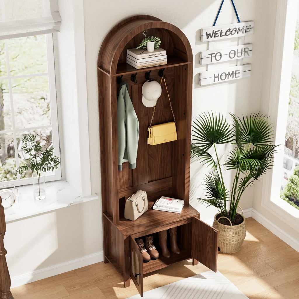 2026 NewLUCKYELF Hall Tree with Shoe Storage, Entryway Bench with 4 Hooks and 2 Doors, Arch Coat Rack Cabinet for Hallway