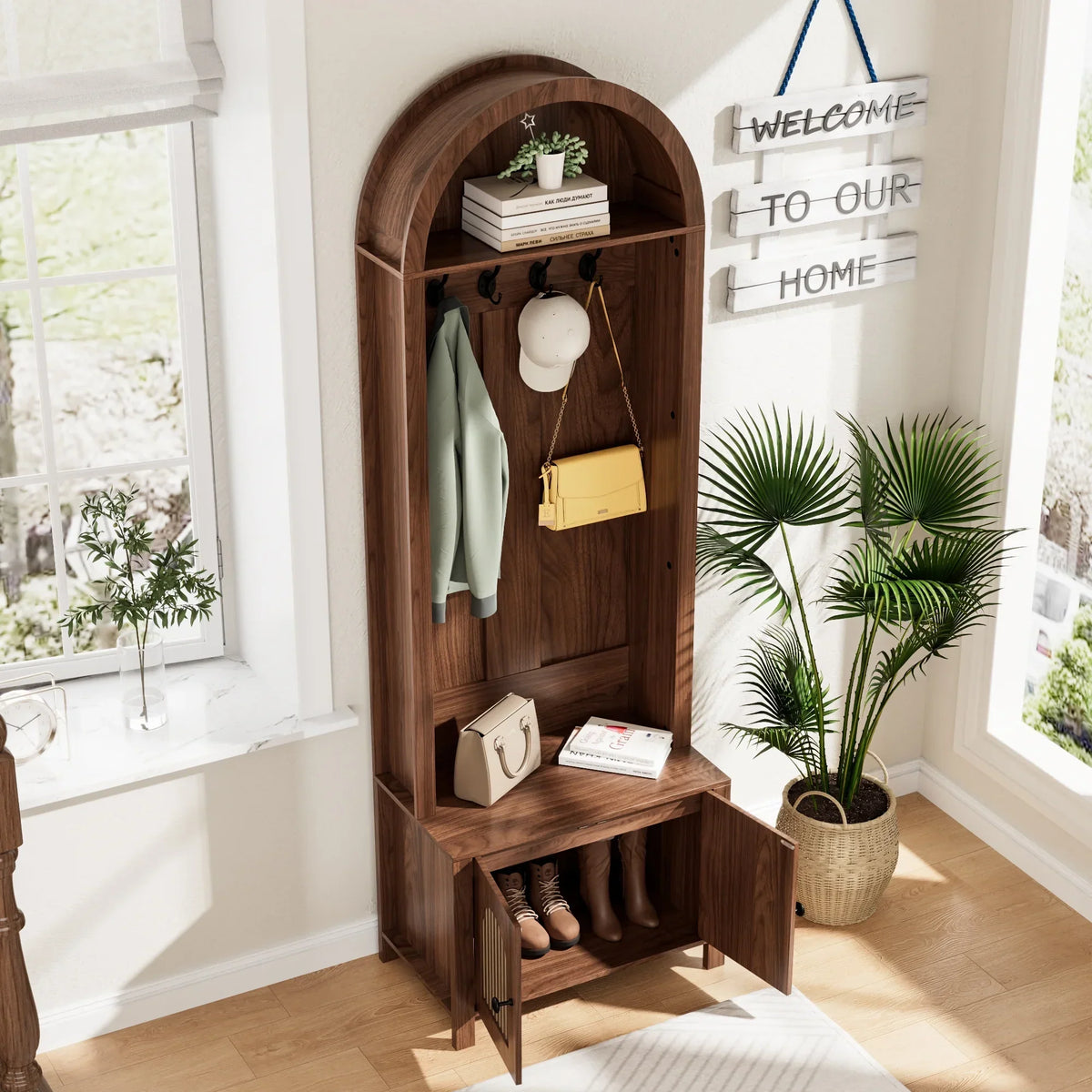 2026 NewLUCKYELF Hall Tree with Shoe Storage, Entryway Bench with 4 Hooks and 2 Doors, Arch Coat Rack Cabinet for Hallway