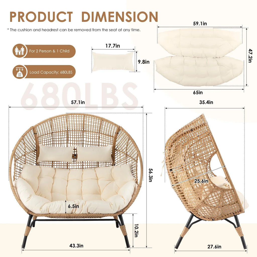 2026 NewRADIATA Double Egg Chair for 2 Person, Oversized Wicker Loveseat with Thick Cushions, 680 lbs Capacity, Indoor Outdoor Stationary Patio Lounge Chair for Balcony, Garden, Beige