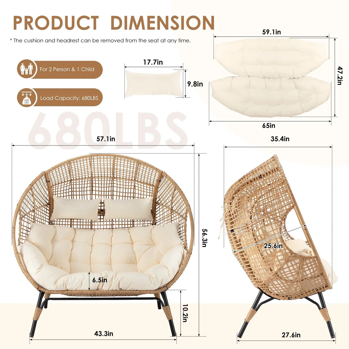 2026 NewRADIATA Double Egg Chair for 2 Person, Oversized Wicker Loveseat with Thick Cushions, 680 lbs Capacity, Indoor Outdoor Stationary Patio Lounge Chair for Balcony, Garden, Beige