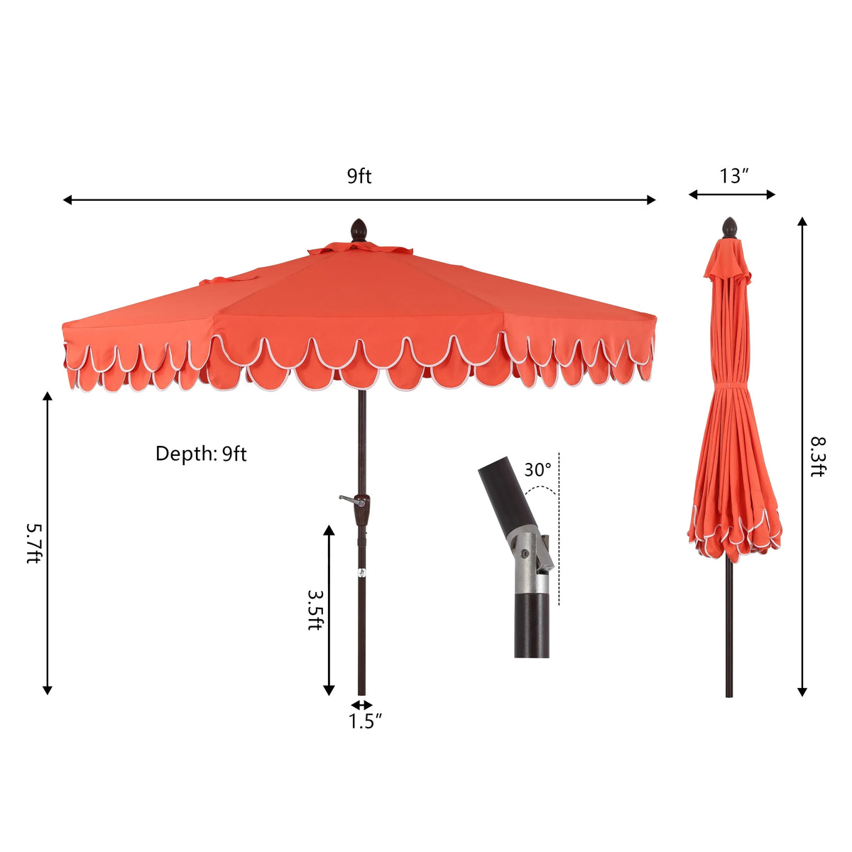 2026 NewJONATHAN Y Tracy 9 ft. Market Patio Umbrella, Classic Mid-Century Scalloped Fringe, with Auto-Tilt Crank, Wind Vent and UV Protection, Coral Pink/White, Dark Brown Pole