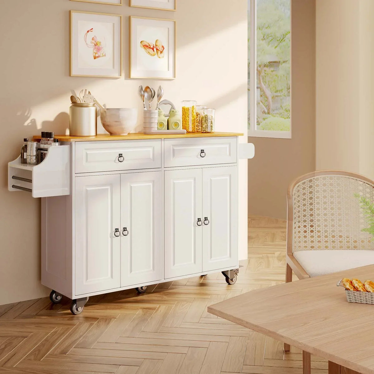 2026 NewLofka 52-Inch Kitchen Island with Storage on Wheels with Wood Drop Leaf, Ideal for Small Kitchens