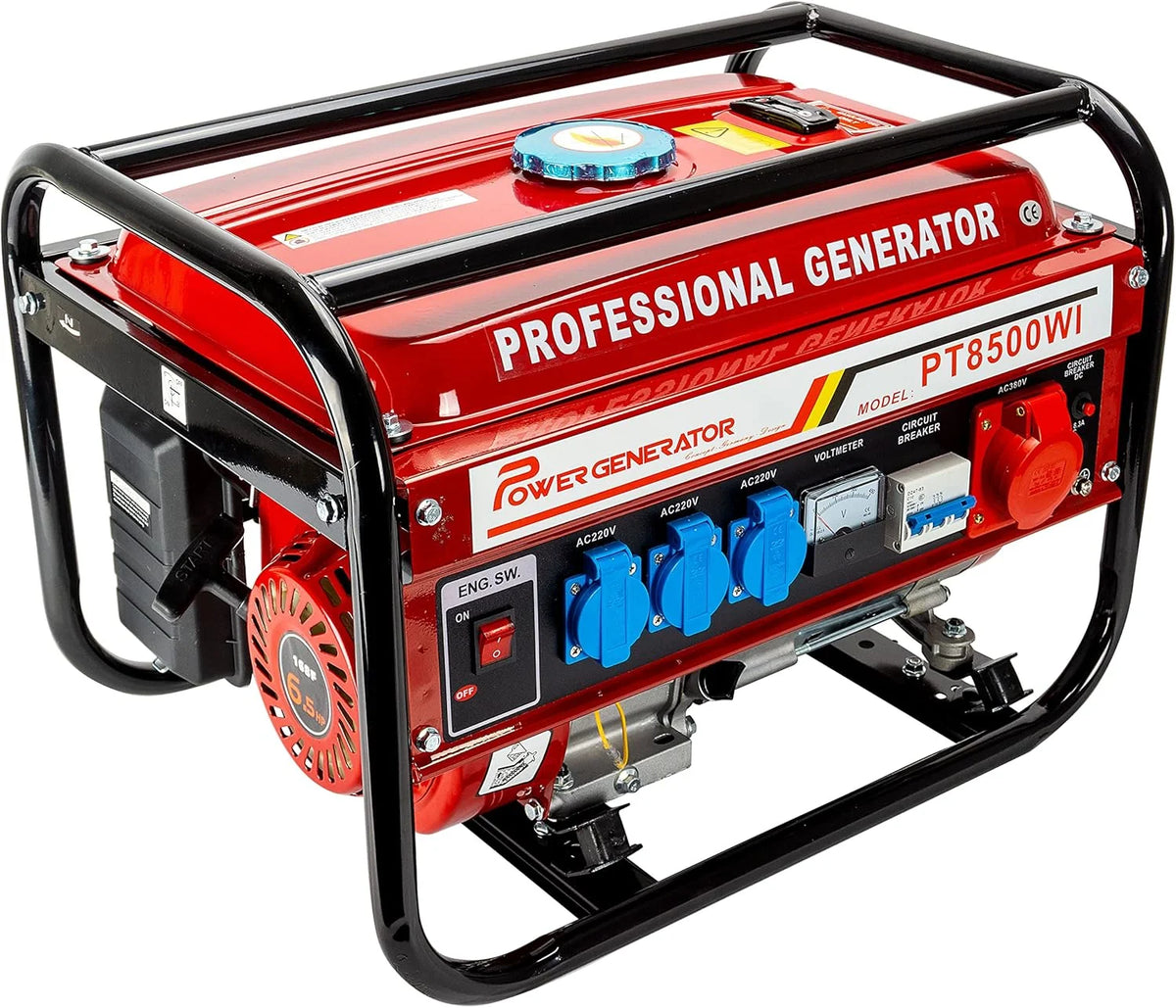 2026 Generador de corriente con gasolina | Accesorios incluidos | Grupo electrógeno silencioso | 5 enchufes 3 x 230 V / 1 x 400 V / 1 x 12 V | 6,5 CV