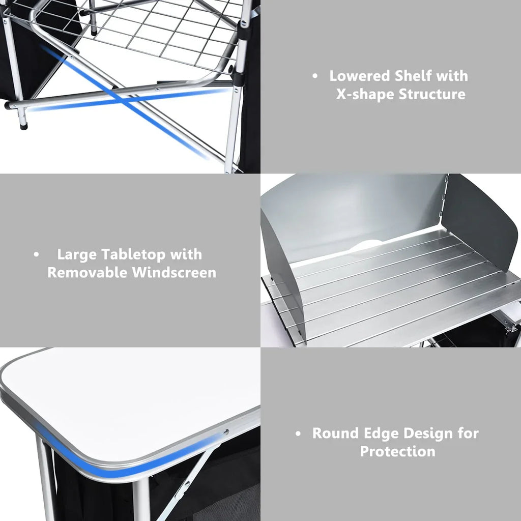 2026 NewGoplus Folding Portable Aluminum Camping Grill Table w/ Storage Organizer Windscreen Black