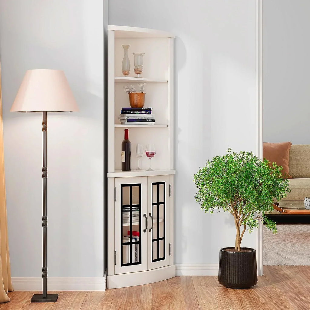2026 NewMerluxy Curved Corner Cabinet, 65" Wood Bookcase with 3 Shelves, Distressed White