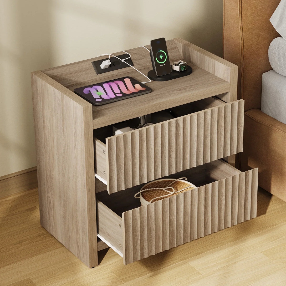 2026 NewSICOTAS 25.4" Wide Nightstand Set of 2 with Charging Station, Modern Night Stand with 2 Fluted Dresser & Handle-Less Storage Farmhouse Bed Side Table for Bedroom, Natural Oak