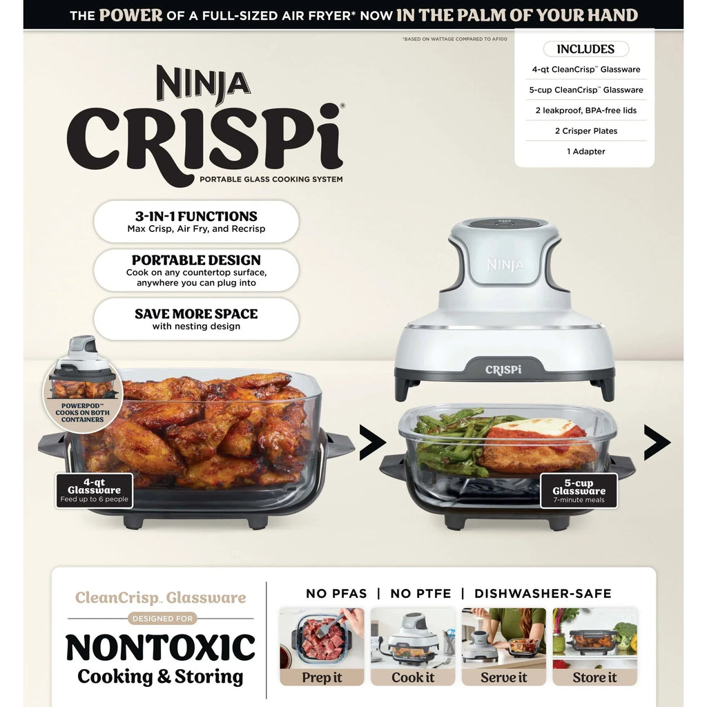 2026 NewNinja Crispi 3-in-1 Portable Glass Air Fryer Cooking System, 1500W, 4-Qt & 5-Cup TempWare Glass Containers with Storage Lids, Microwave, Freezer & Dishwasher Safe, White, FN100WH