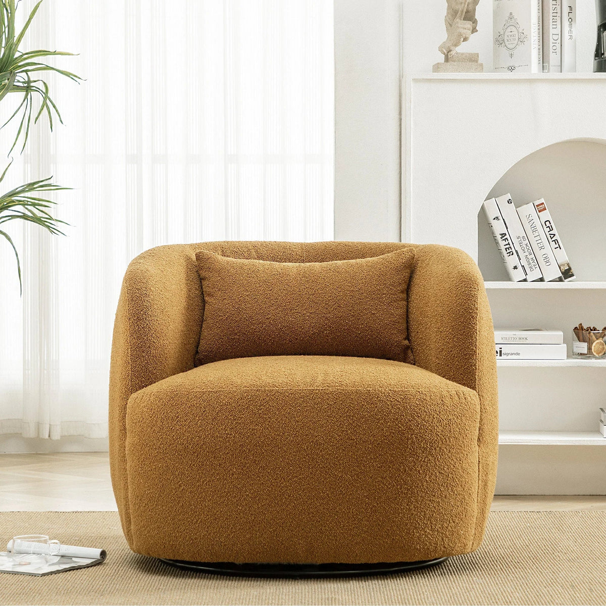 2026 New34" Wide Boucle Swivel Barrel Chair, No Assembly Round Upholstered Armchair Accent Chair Single Sofa Chair with Toss Pillow for Living Room and Bedroom, Taupe