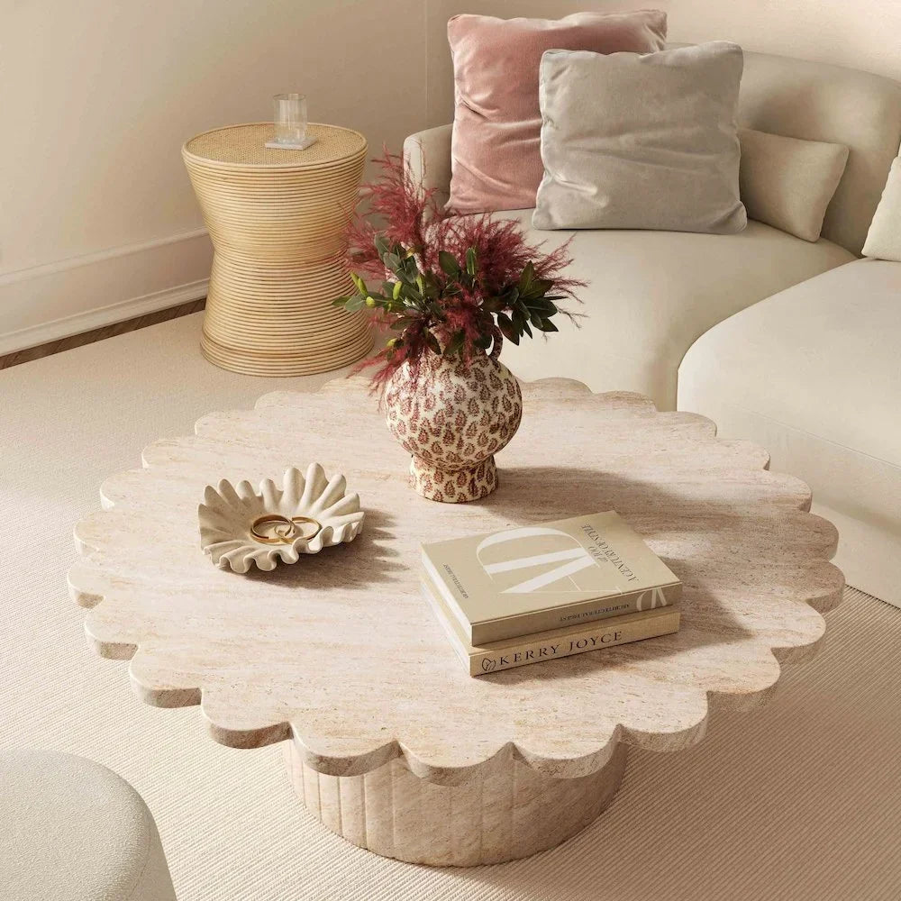 2026 NewTOV Furniture Blossom Washed Travertine Finish Indoor/Outdoor Coffee Table