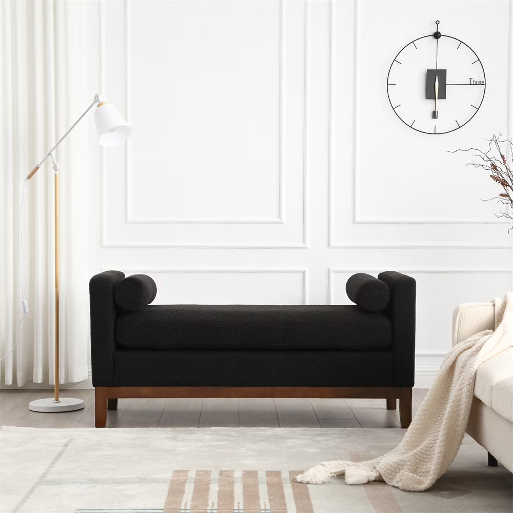 2026 New53.5"W Elegant Upholstered Bench with Wood Legs & Round Pillows,Comfy Boucle Fabric Footrest with Arms, Entryway Bench for End of Bed, Bedroom and Living Room, Ivory