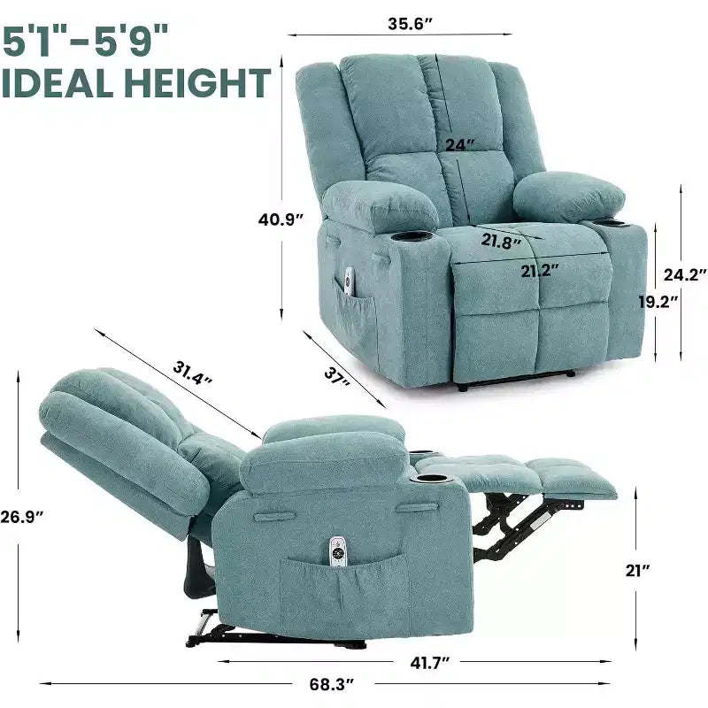 2026 Sillón reclinable manual con masaje por vibración y calefacción lumbar, bolsillo lateral y portavasos