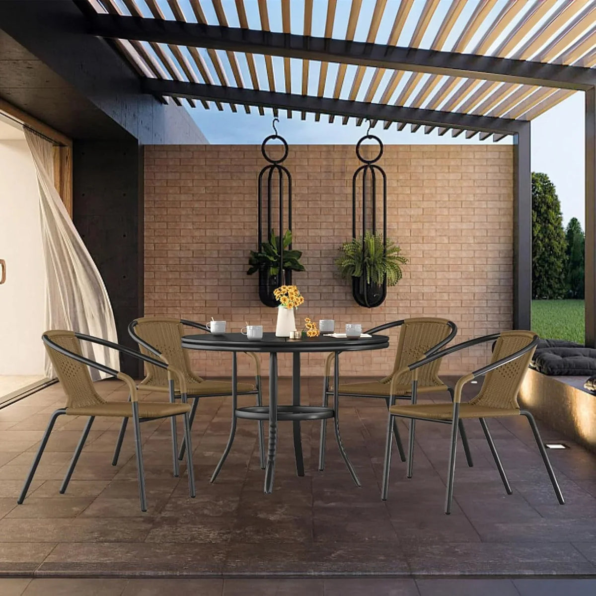 2026 NewELPOSUN Outdoor Dining Chairs Set of 6, Wicker Patio Chairs with Metal Frame, Rattan Indoor-Outdoor Chairs for Bistro, Deck, Backyard, Porch, Restaurant Stack Chair 6 Pack (Black)
