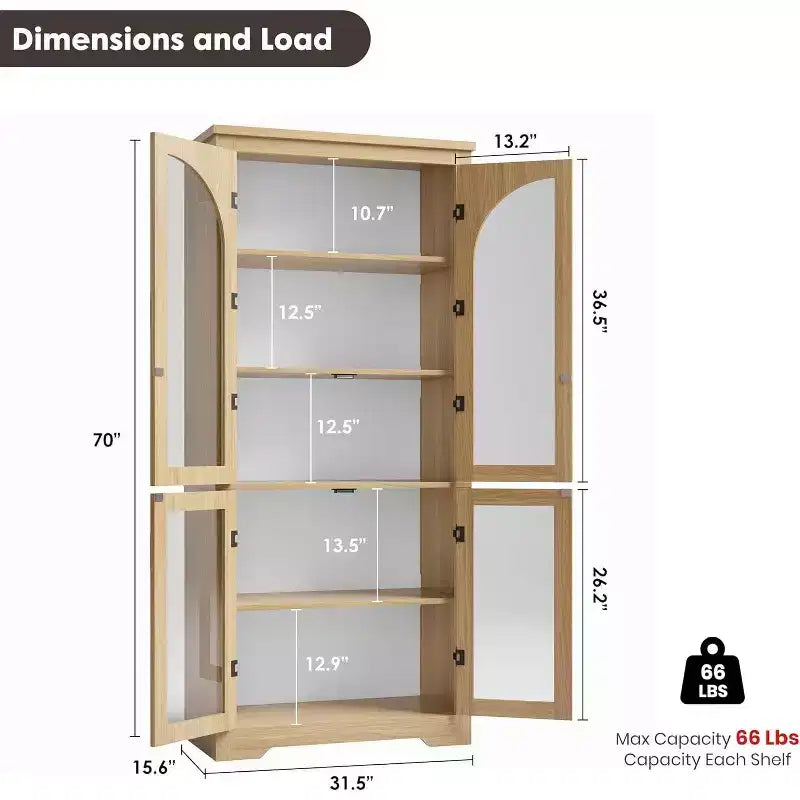 2026 Armario despensa de 70" natural/blanco con 4 puertas de cristal arqueadas y estantes ajustables