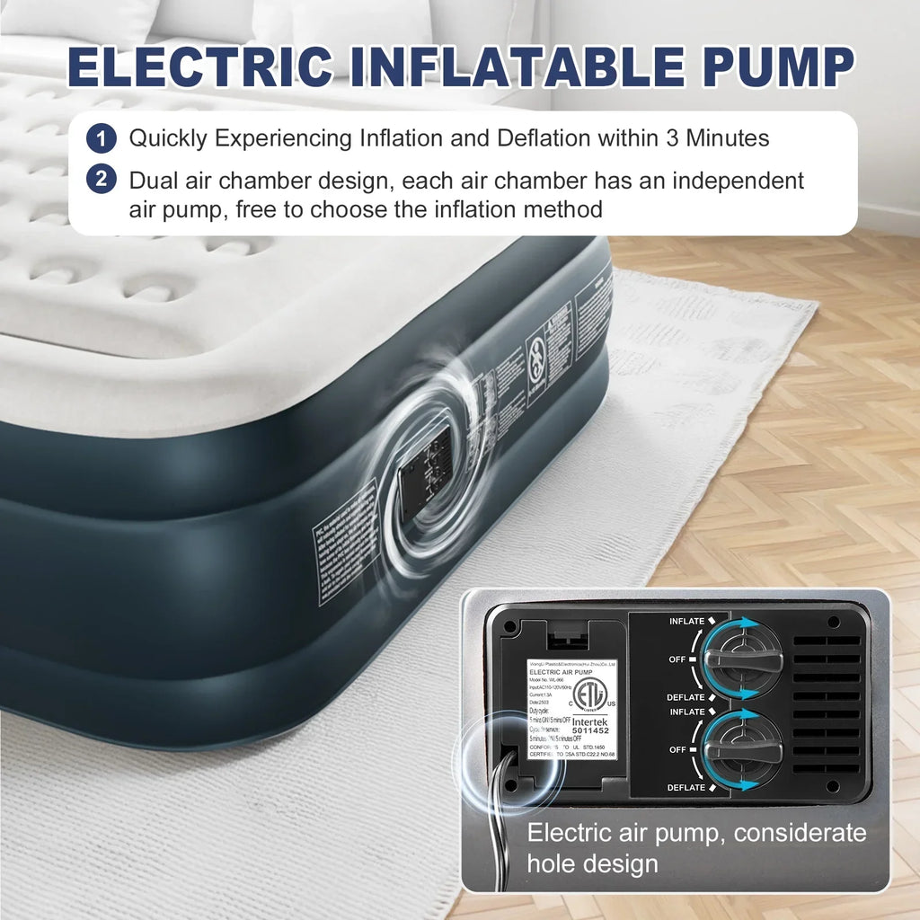 2026 NewZimtown 18" Twin Air Mattress with Two Chamber, Elevated Inflatable Bed with Built-in Pump, Protable Airbed for Outdoor Indoor Camping, Gray & White