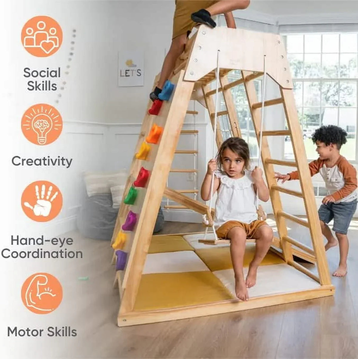 2026 NewAvenlur Indoor Toddler and Child Indoor Gym Playground Climber - Real Wooden Playset 6-in-1 Slide, Rock Climb Wall, Rope Wall Climbing, Monkey Bars, Swing, Ladder Fun Gym for Children