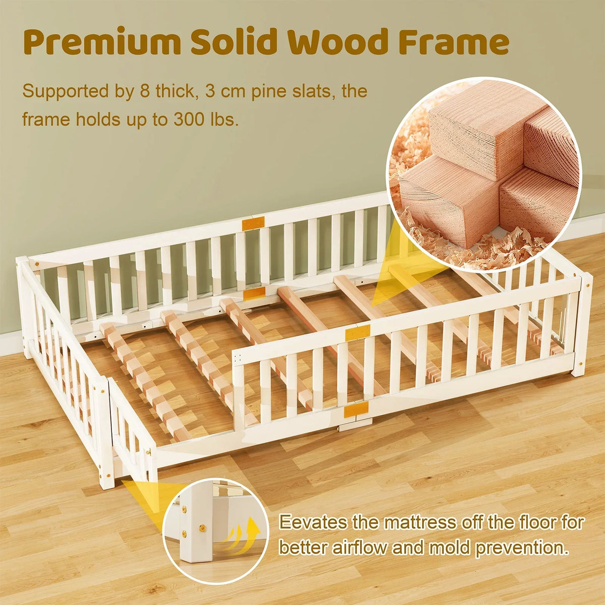 2026 NewSlsy Twin Size Toddler Floor Bed, Solid Wood Montessori Bed Frame with Fence & Door Montessori Floor Bed Crib with Safety Guardrails for Girls and Boys