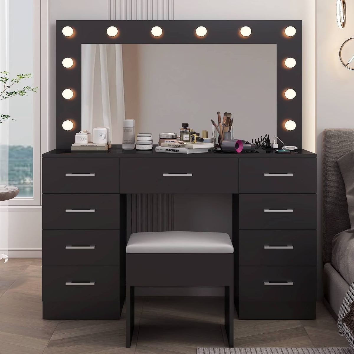2026 NewKtaxon Large Makeup Vanity, Vanity Table Set w/ Visible Glass Top w/ Charging Station, White