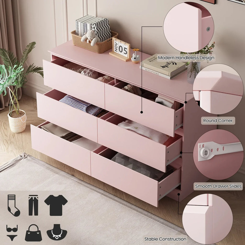 2026 NewWhite Dressers Bedroom Dresser 6 Drawer Storage Chest of Drawers Double Dresser Storage Side Cabinet Room Furniture for Bedroom Living Room
