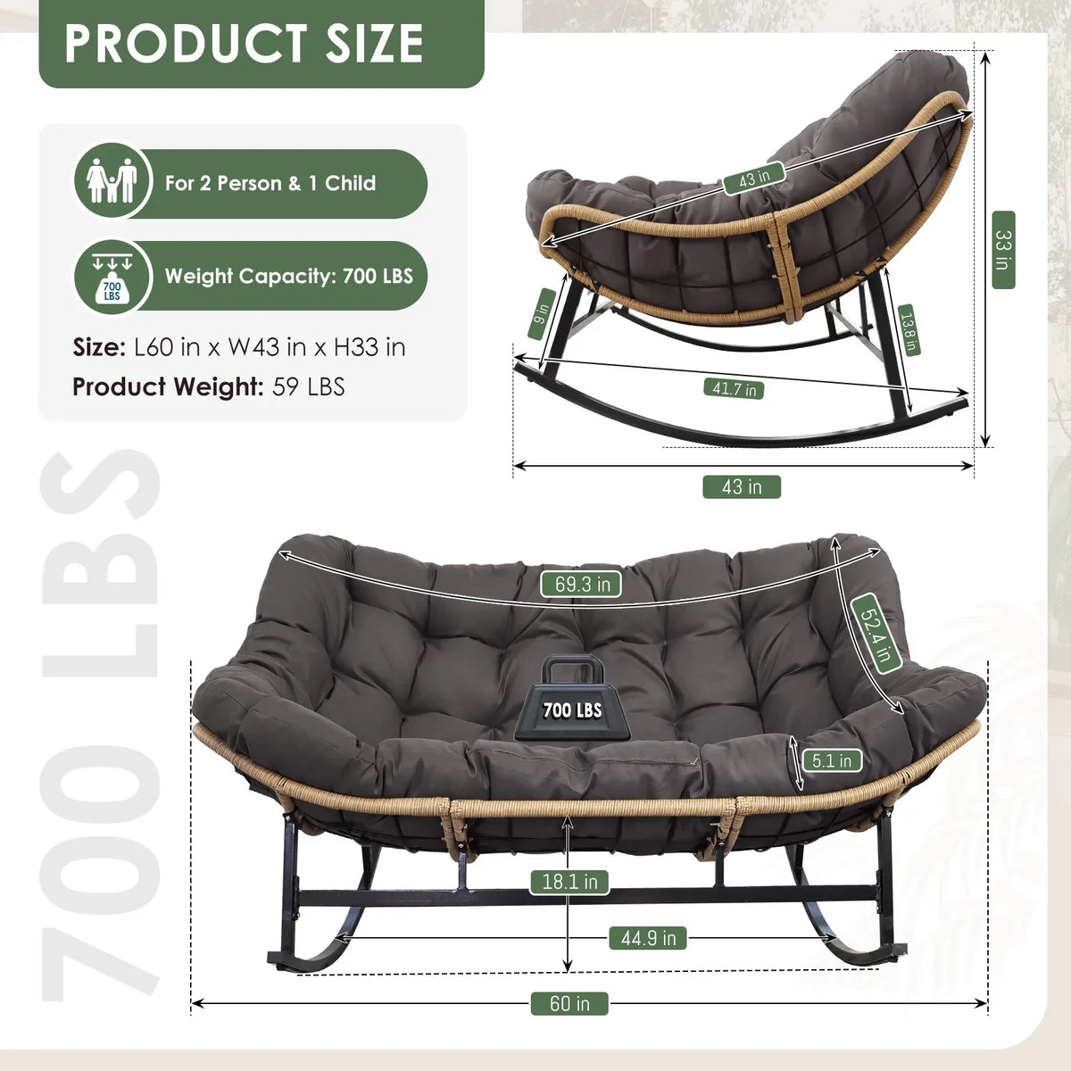 2026 NewRADIATA Beige Double Outdoor Rocking Chair, 2 Person Patio Rocking Egg Chair with Thick Cushion