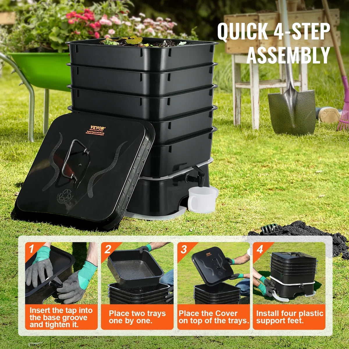 2026 NewVEVOR 5-Tray Worm Composter, 50 L Worm Compost Bin Outdoor and Indoor, Sustainable Design Worm Farm Kit, for Recycling Food Waste, Worm Castings, Worm Tea, Vermiculture and Vermicomposting
