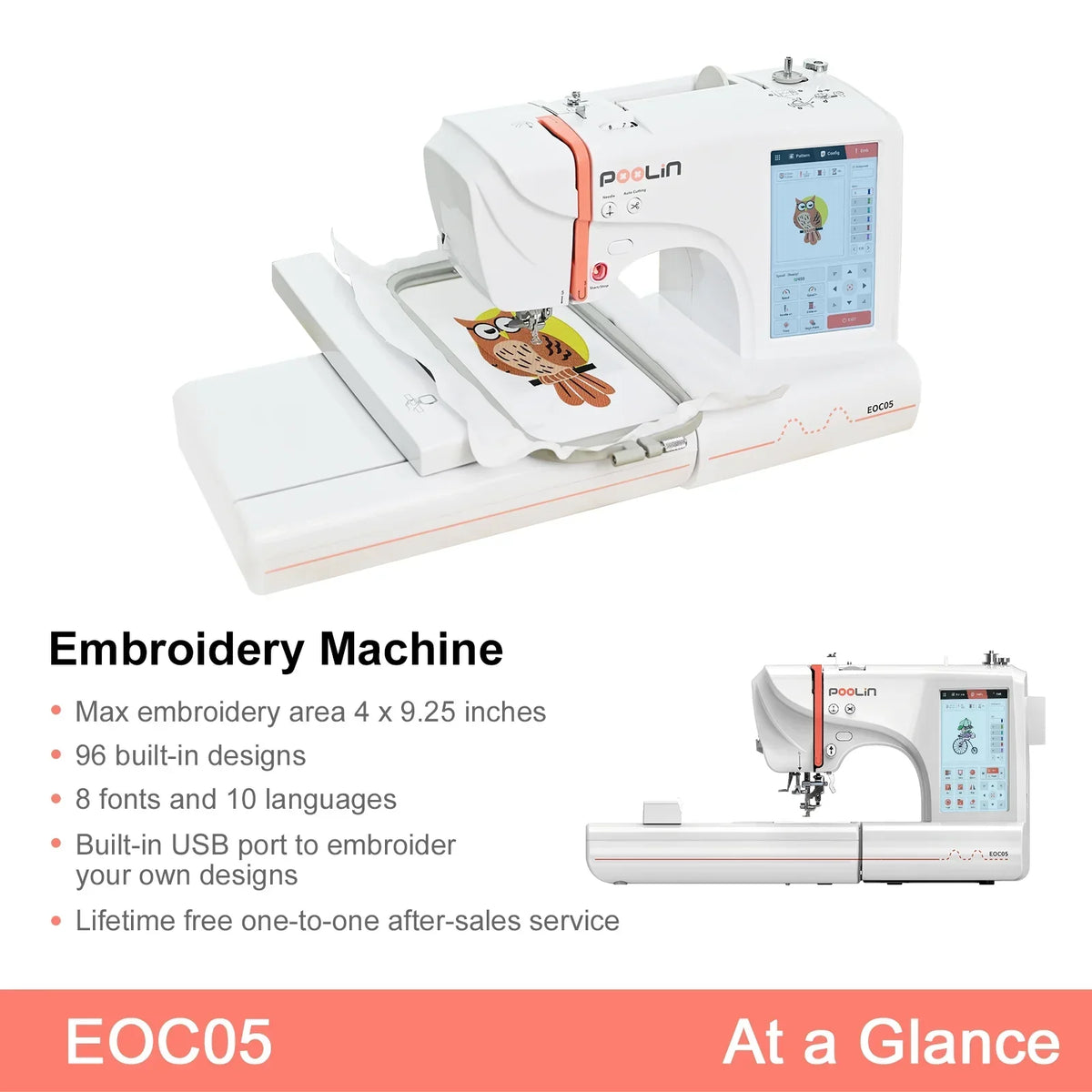 2026 NewPoolin EOC05 Embroidery Machine 4x9.25" Area, 7" Touch Screen with kit