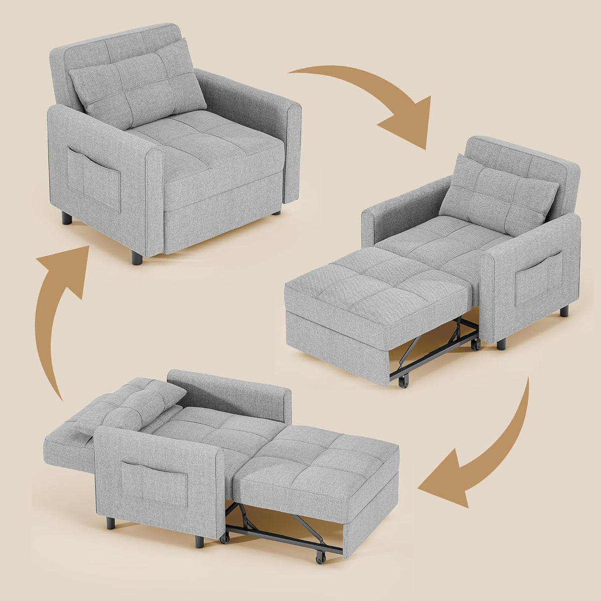 2026 Gizoon Sofá cama 3 en 1 convertible, silla cama individual extraíble con respaldo ajustable, espaciosos sofás multifuncionales para sala de estar, dormitorio, apartamento
