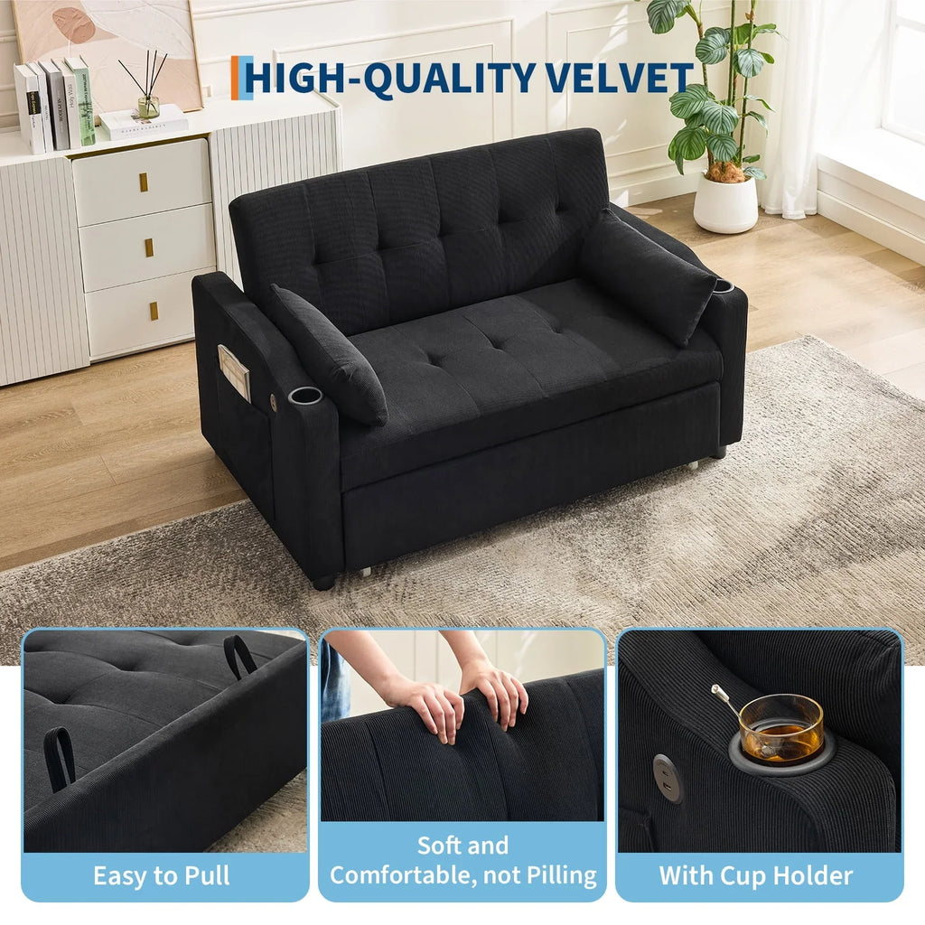 2026 New3 in 1 Convertible Sleeper Sofa Bed, Corduroy Futon Couches with Pull-Out Bed, Adjustable Backrest, Charging Port & Side Pockets, Modern Upholstered Sofa for Living Room, Guest Room