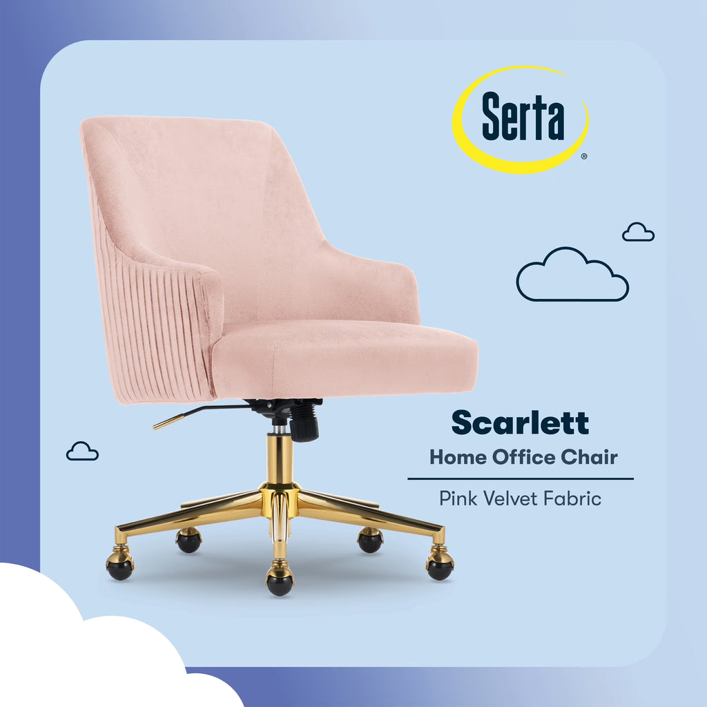 2026 NewSerta Scarlett Modern Mid-Back Office Chair Velvet Fabric Gold Metal Base Pink