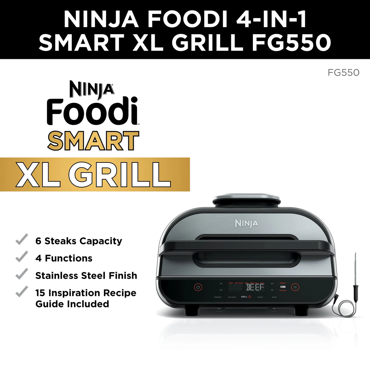 2026 NewFoodi Smart XL 4-in-1 Indoor Grill with 4-Quart Air Fryer, Roast, Bake, and Smart Cook System, FG550