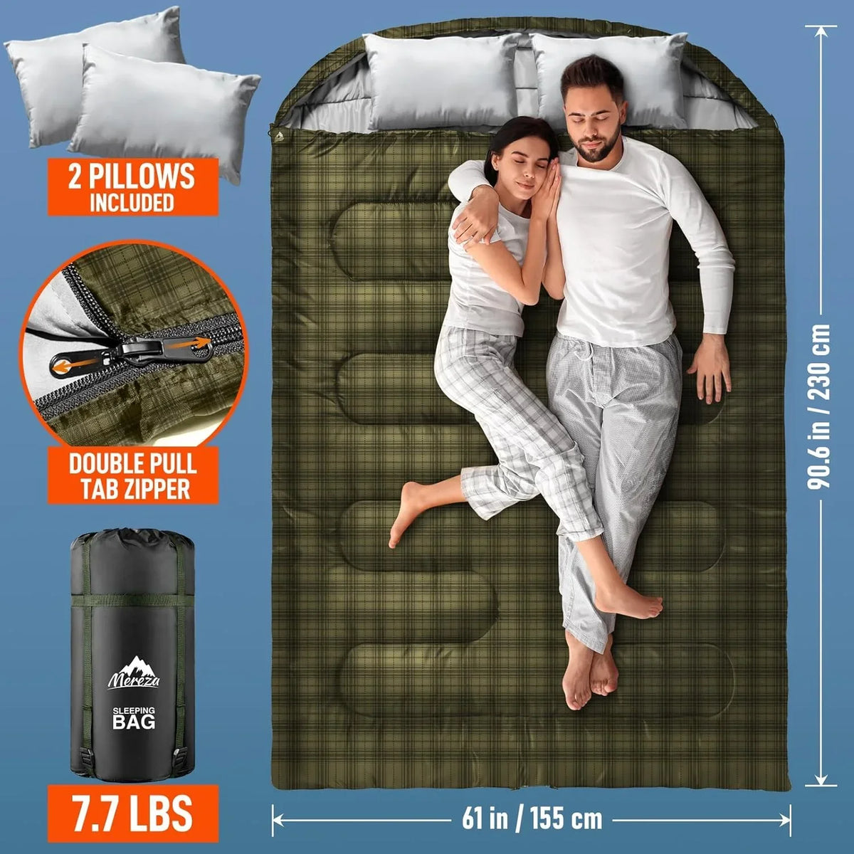 2026 NewDouble Sleeping Bag for Adults Mens with Pillow, XL Queen Size Two Person Sleeping Bag for All Season Camping Hiking Backpacking 2 Person Sleeping Bags for Cold Weather & Warm