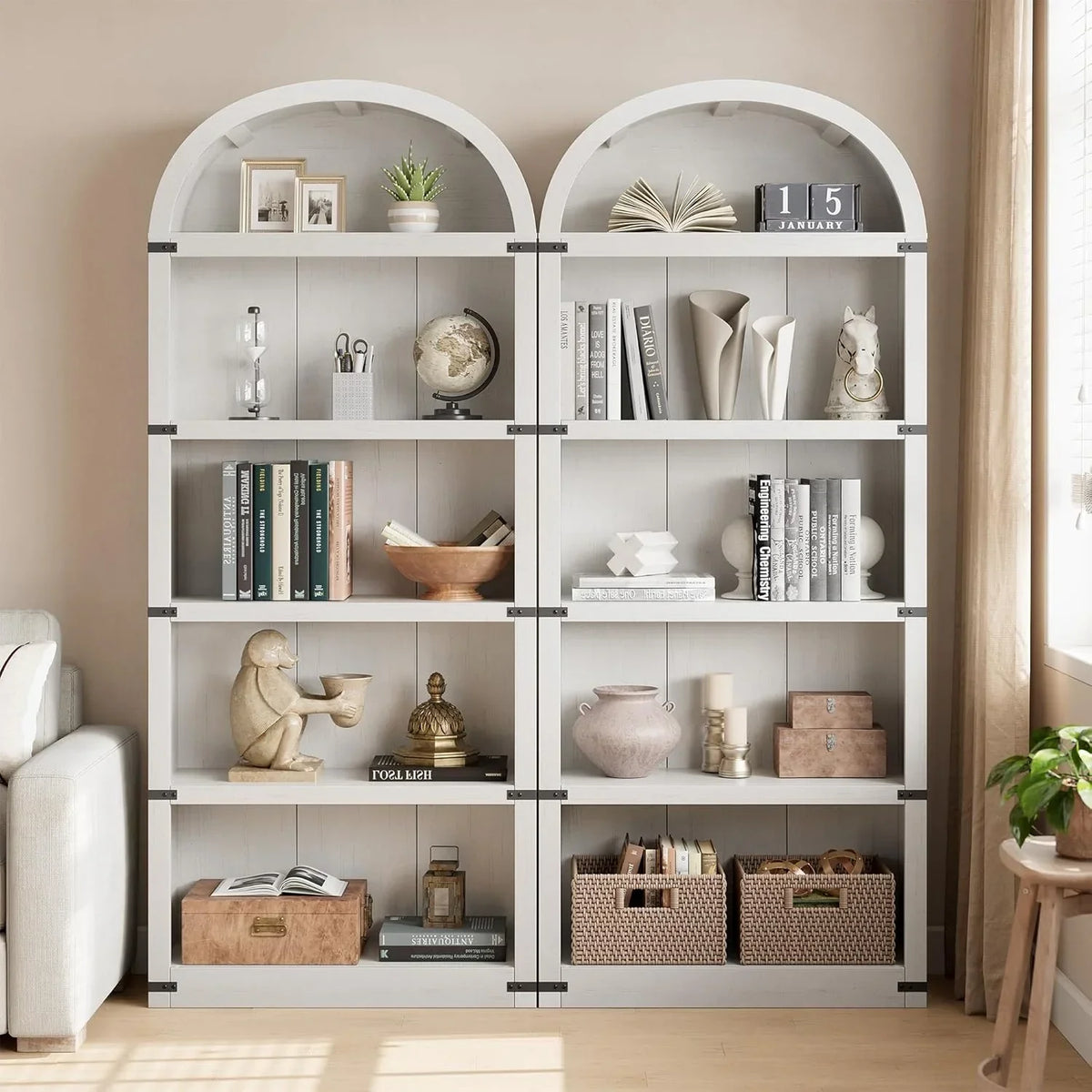 2026 NewBookcase 5 Shelf Arched Bookshelf 71.65in Tall Bookcase Farmhouse Display Storage Rack Wooden Bookshelves for Home Office, Living Room(white)