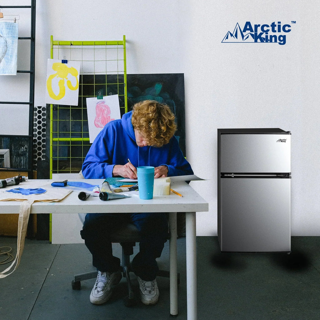 2026 NewArctic King 3.2 Cu ft Two Door Mini Fridge with Freezer, Stainless Steel, E-Star, ARM32D5ASL