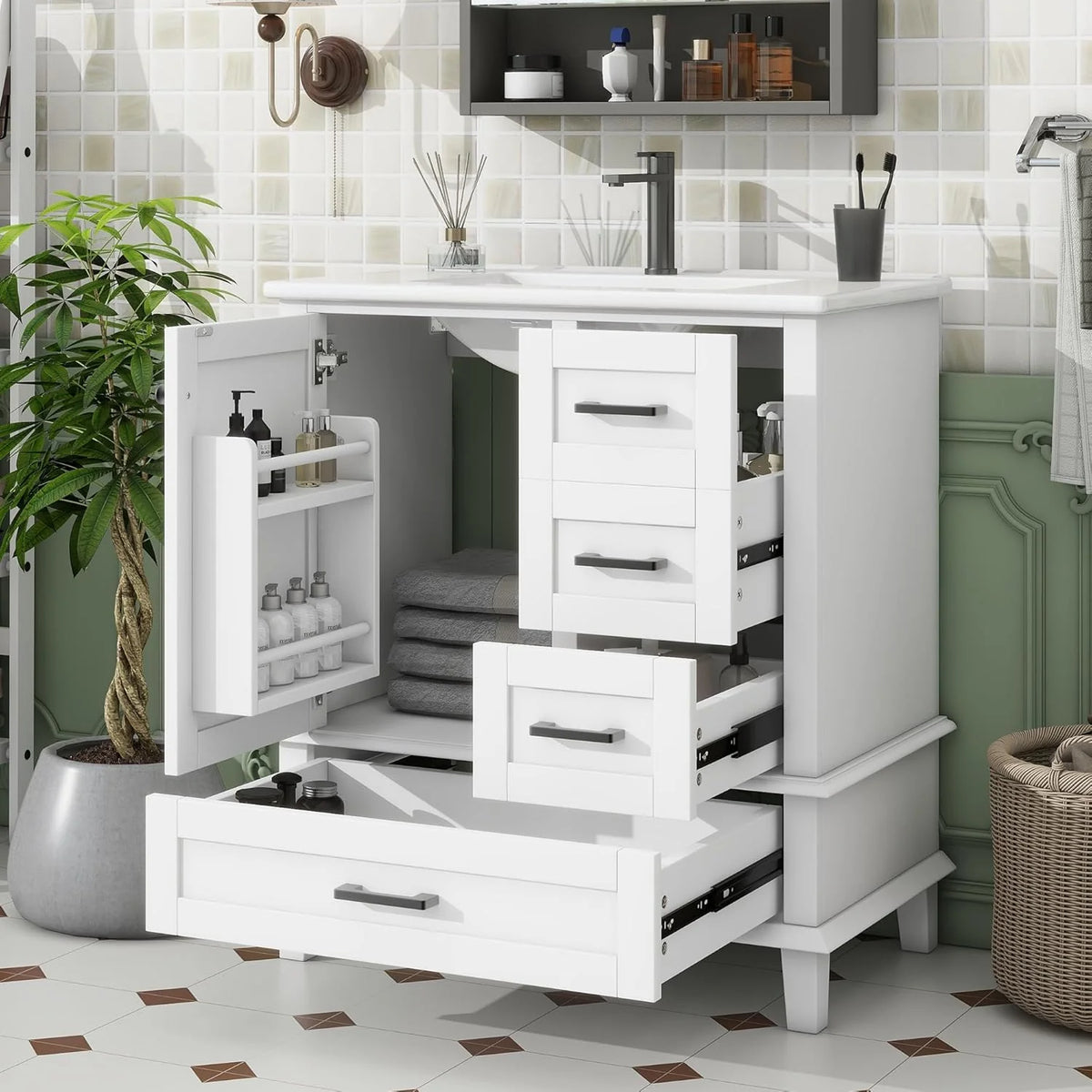 2026 Moimhear Mueble de baño de pie, lavabo, lacado completo, tres cajones silenciosos, lavabo de cerámica integrado (blanco, 76 x 46 x 83,5 cm)