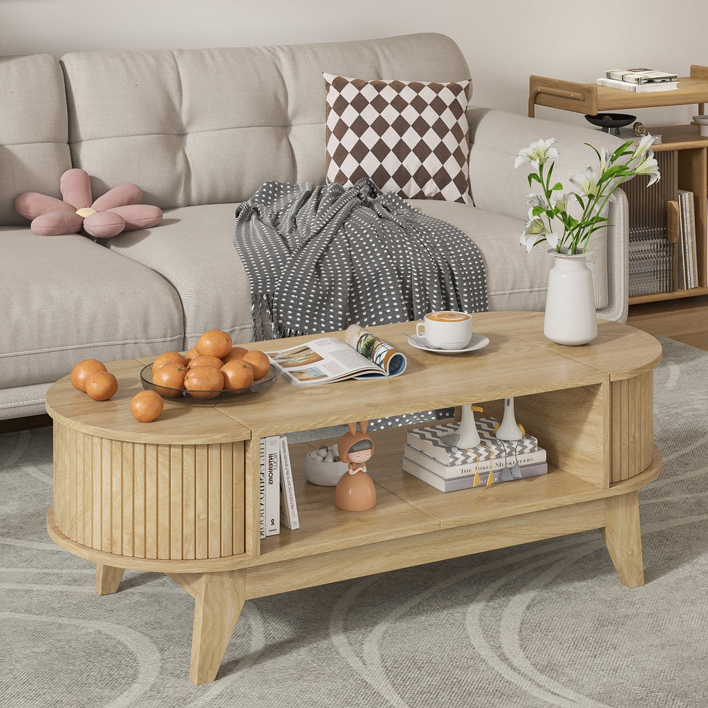 2026 NewFluted Coffee Table with Storage, Modern Coffee Tables, Wood Accent Center Table