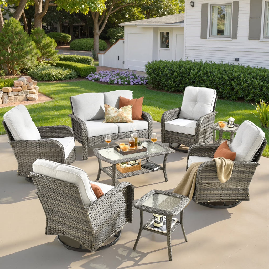 2026 NewOvios 5 Pieces Outdoor Patio Furniture Set High Back All Weather Wicker Conversation Set with Swivel Chairs & Coffee Table, Dark Gray