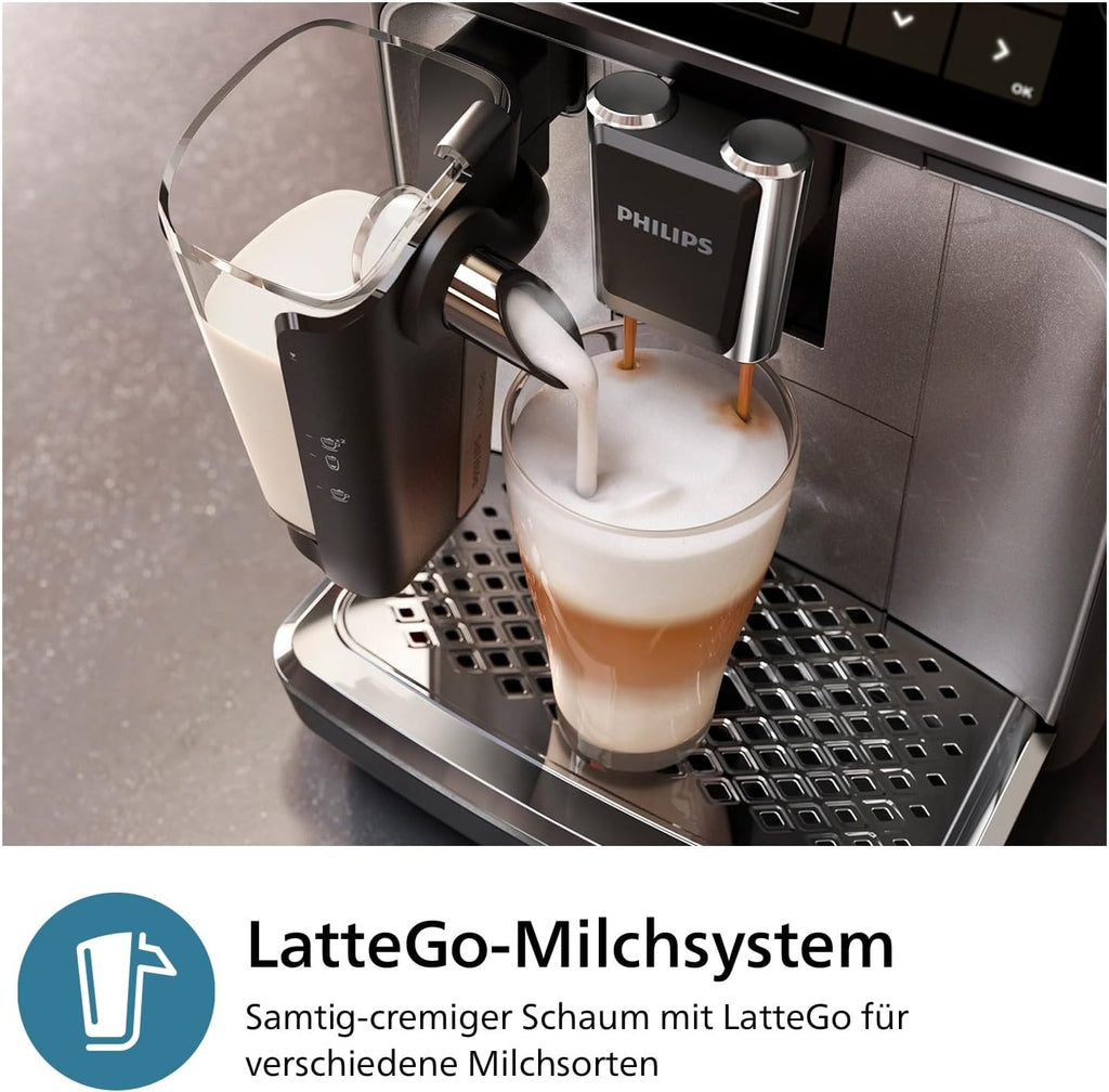 2026 Cafetera automática Philips Serie 3300: 6 bebidas, pantalla táctil a color moderna, sistema de leche LatteGo, SilentBrew, molinillo 100% cerámico, filtro AquaClean. Acabado en cromo negro (EP3347/90).