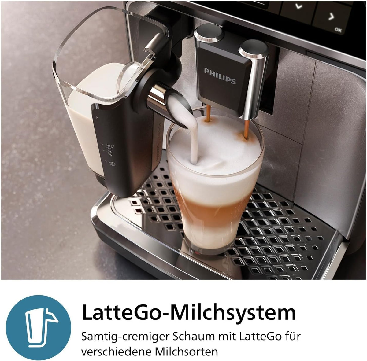 2026 Cafetera automática Philips Serie 3300: 6 bebidas, pantalla táctil a color moderna, sistema de leche LatteGo, SilentBrew, molinillo 100% cerámico, filtro AquaClean. Acabado en cromo negro (EP3347/90).