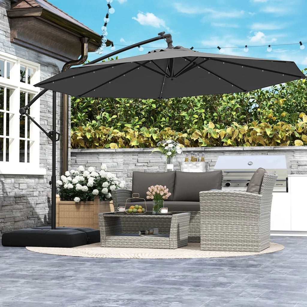 2026 NewCostway 10 FT Solar Offset Hanging Umbrella Patio Cantilever Umbrella with 32 LED Lights Brown