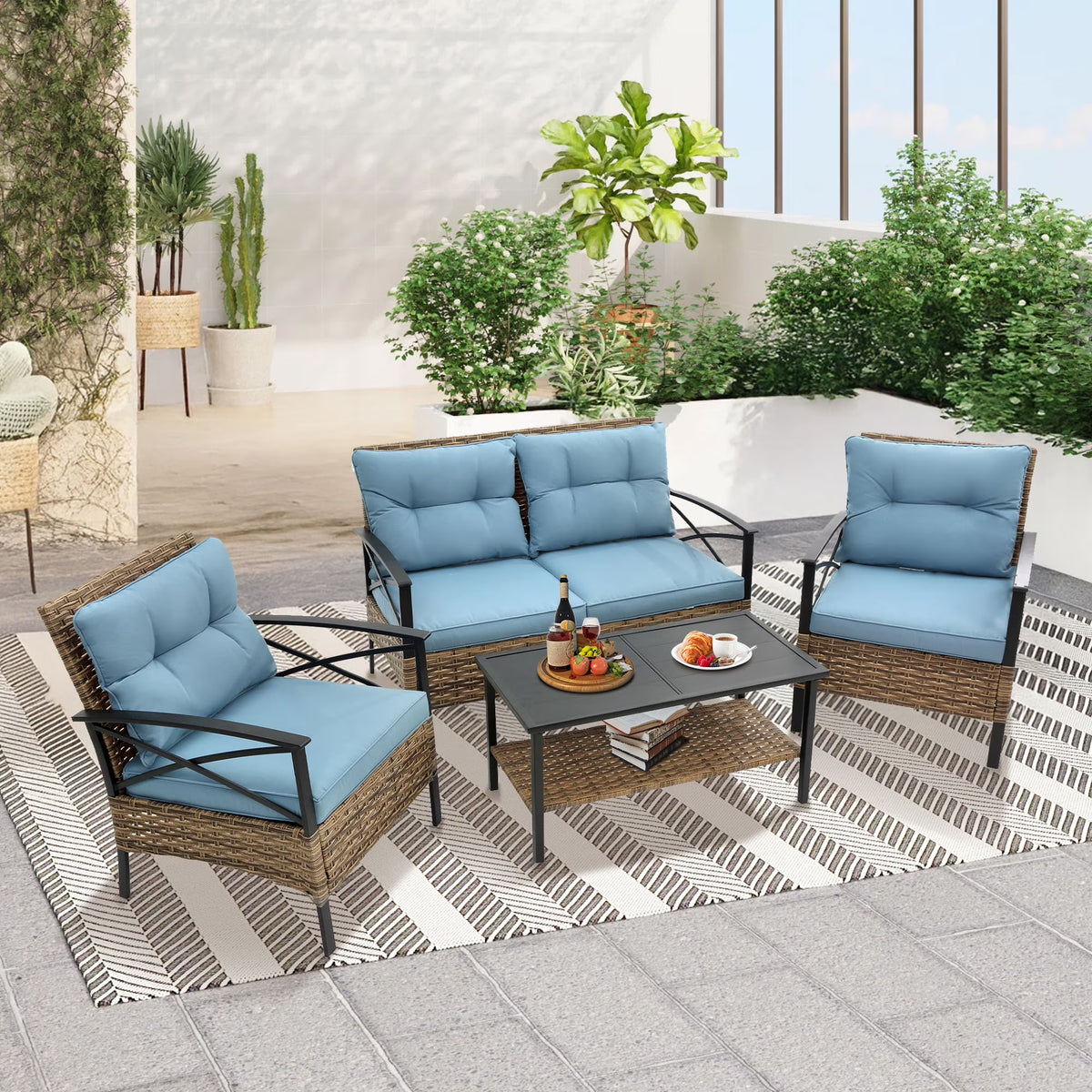 2026 NewHeavy-duty Patio Furniture Set, 4 Piece Outdoor Sectional Conversation Sets, BrownPE Rattan Patio Sofa Set with Blue Cushions