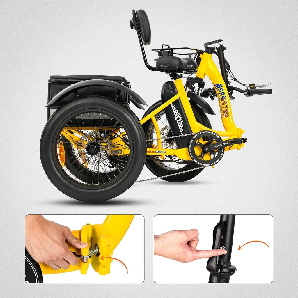 2026 NewAddmotor Electric Trike, 750W Foldable Electric Tricycle, Folding Electric Trike for Adults,48V 20Ah Removable Battery,20" Fat Tire Electric Trikes with Rear Speed Differential,M-330F Yellow