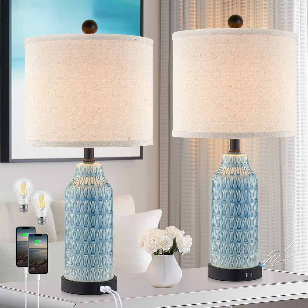 2026 NewCinkeda Table Lamp Set of 2 for Living Room Bedroom with USB Ports AC Outlet 3 Way Dimmable Touch Nightlight Farmhouse White Floral Nightstand Bedside Lamps